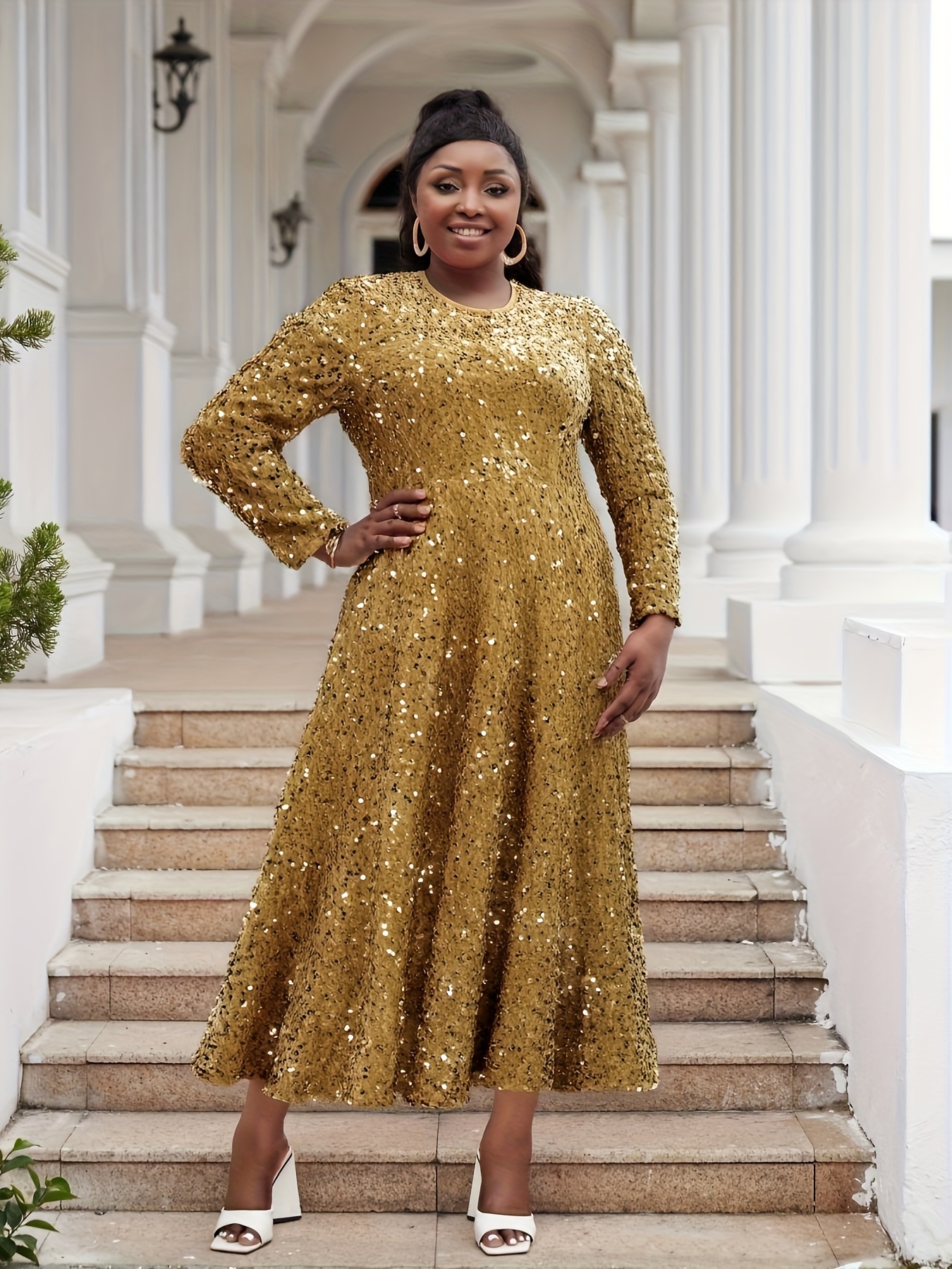 long sleeve gold sequin dress plus size plus size womens dresses fall winter new S/36