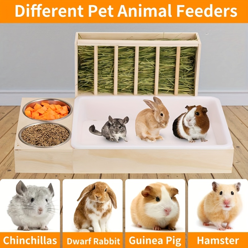 Rabbit Litter Box Hay Feeder 3-in-1 Rabbit Litter Box With Hay Feeder - Wooden Small Animal Habitat Guinea Pig Litter Box With Bowls