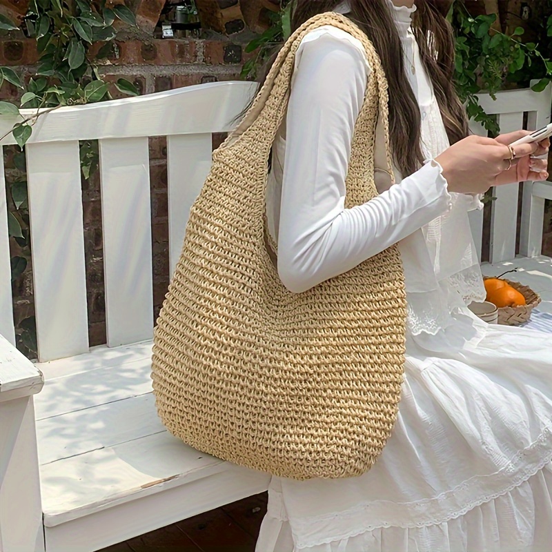 Elegant Large Capacity Woven Beach Bag, Summer Single Shoulder Straw Tote  with Zip Closure, Polyester Lined Handwash or
