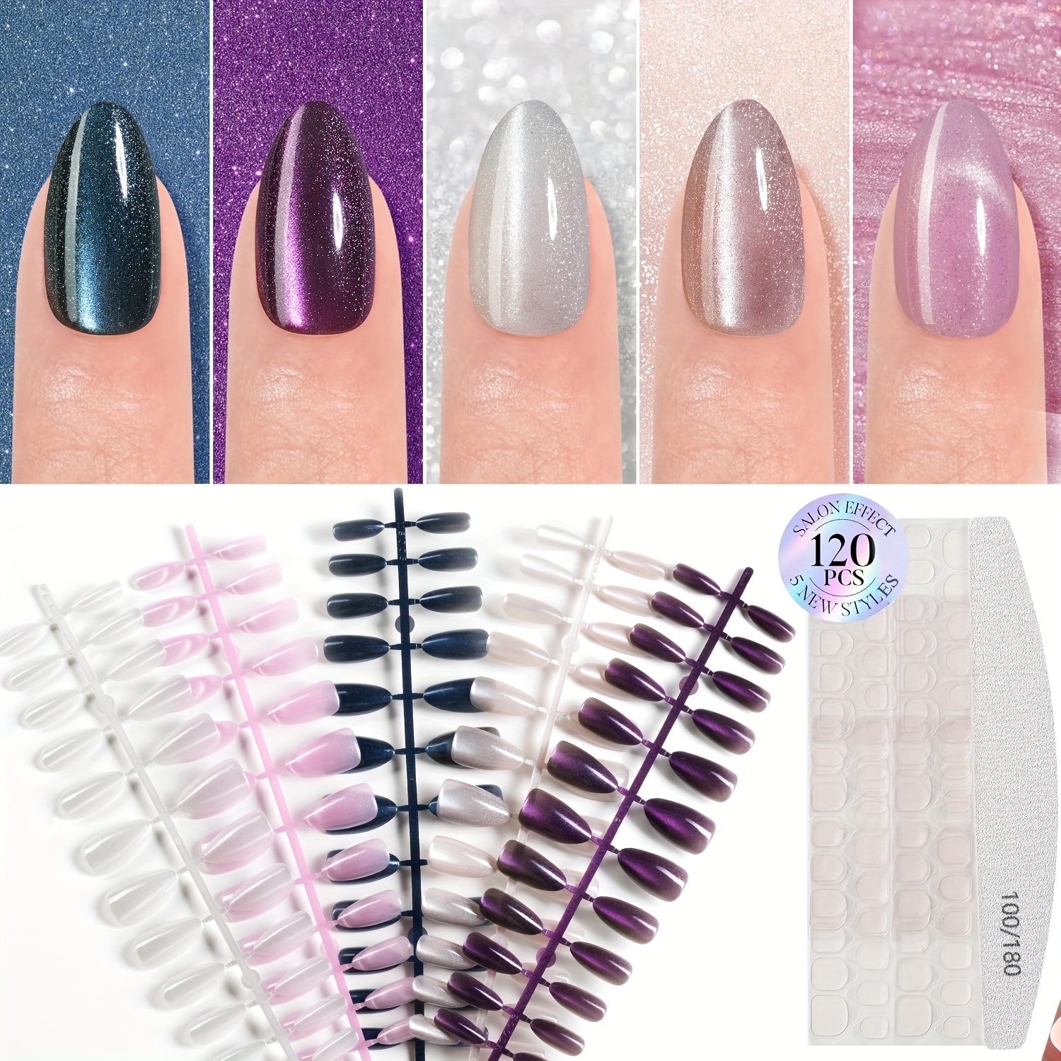Image of Cat Eye Press-on Nails Short , Fashionable 120pcs Salon-grade False Nails With Jelly Glue And Nail File, With Lights Cat Eye Pattern, Artificial Acrylic Nail Gel Glue On Nails For Women