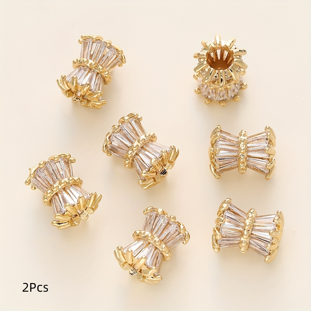 Image of 2pcs 18k Golden Plated Brass With Zirconia Big Holes Spacer Beads For Bracelet Necklace Jewelry Making Additions