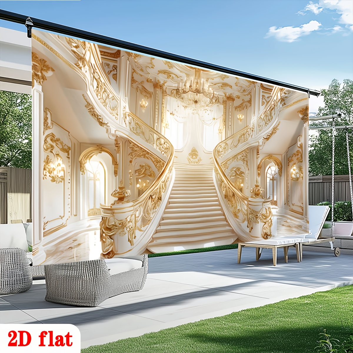 Golden Ornate Staircase White Marble Chandelier Backdrop Banner for Parties