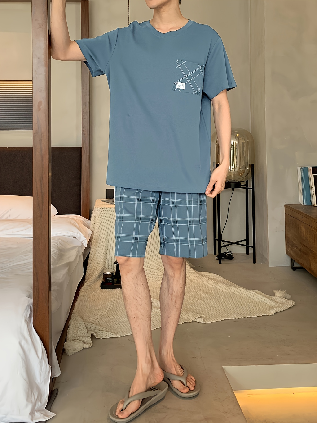 Men's Cotton Casual 2 Piece Pajama Set, Thin Short Sleeve Lounge Wear & Shorts, Fashionable Comfy Home Wear Set