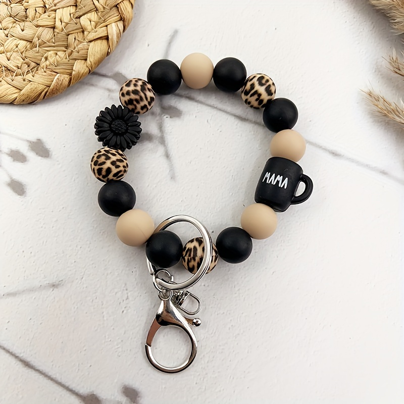 A Women's Silicone Bead Black Coffee Cup Mama Beaded Keychain Bohemian Style Keychain Lanyard Wrist Key Ring Gift For Mom