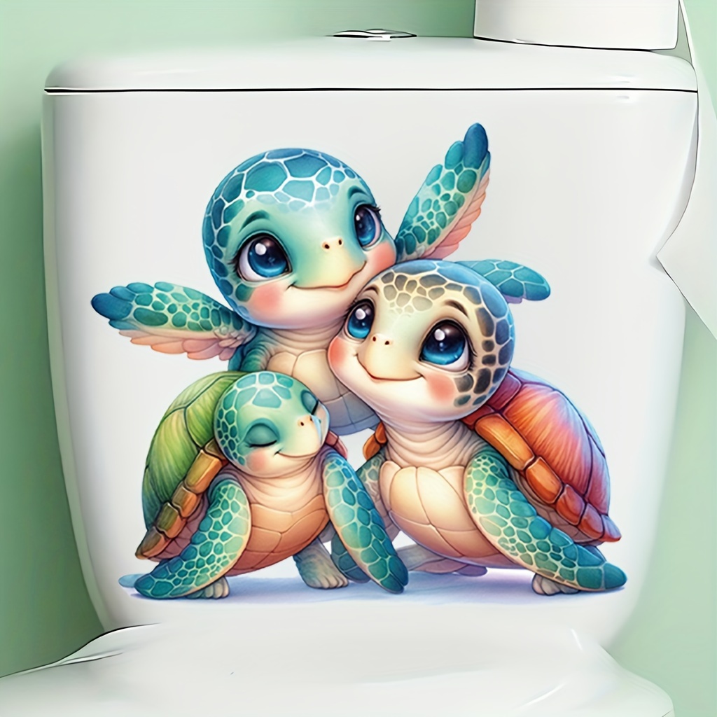 

3 Cute Turtles Toilet Lid Decal - Animal Theme Self-adhesive Pvc Sticker For Bathroom Decoration - 11.8in*11.8in Single Use Plastic Surface Embellishment , Christmas Decorations