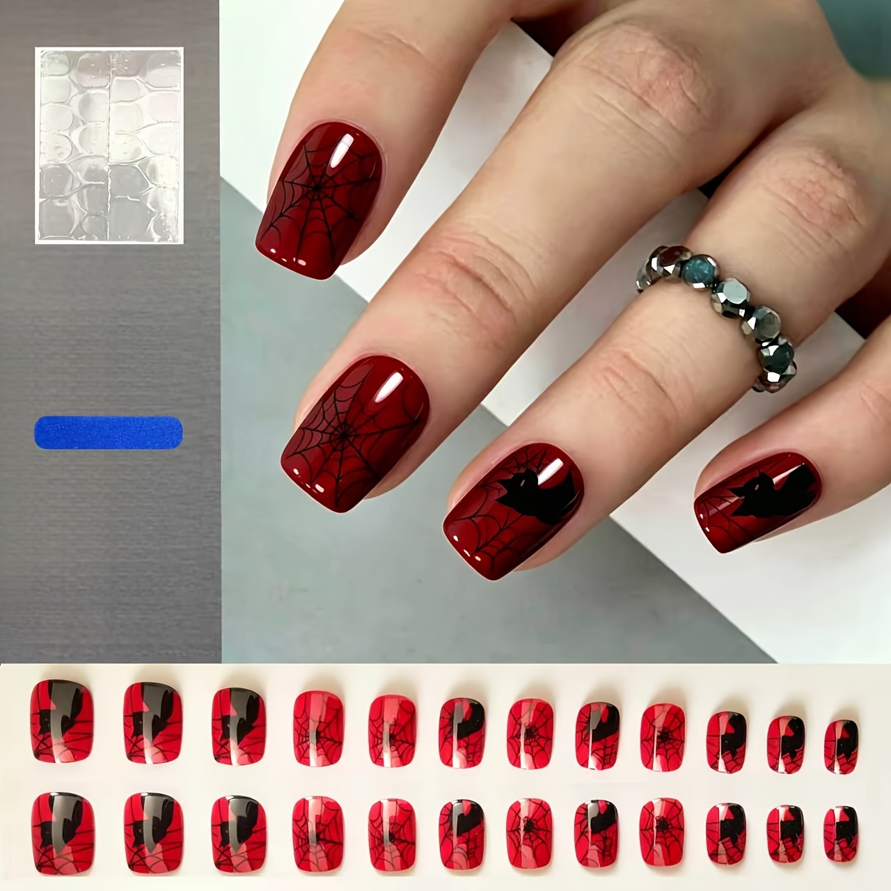 TEMU 24pcs Faux Ongles Carrés Courts Halloween, Ongles Rouges Brillants avec Toile d'Araignée Noire et , Feuille Complète d'Ongles pour Nail Art de