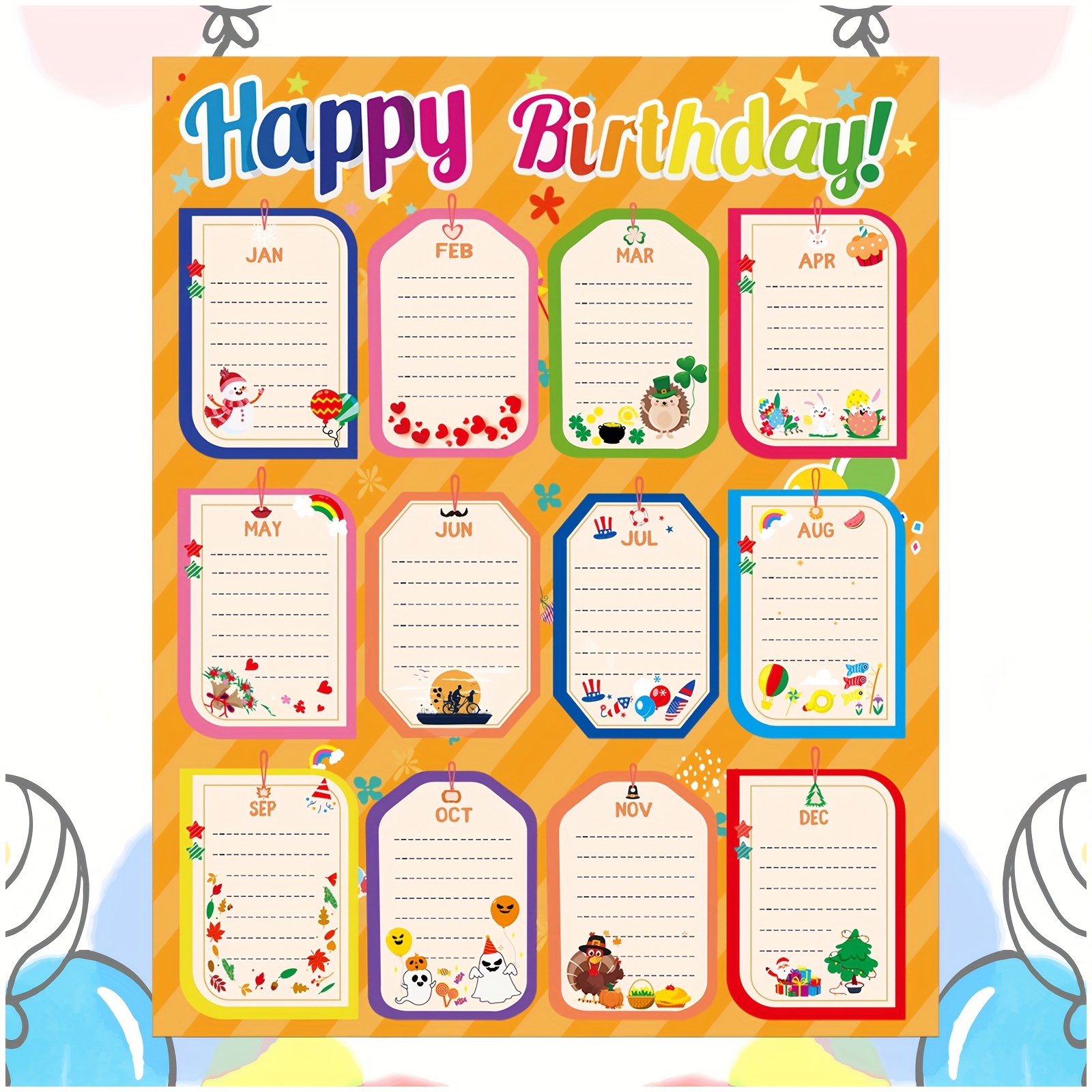 

2pcs Happy Birthday Months Posters - Classroom Calendar & Bulletin Board Decor, Gift Tags Included, Perfect For Party Wall Decorations, Teacher Supplies, 19.69" X 15.75", Frameless