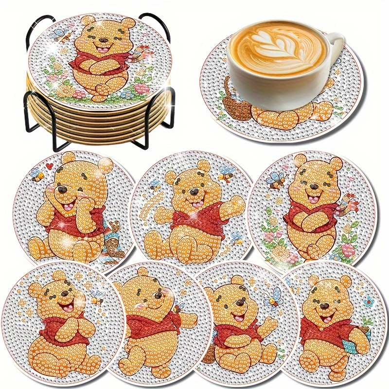 

7pcs Diy Winnie The Diamond Art Coaster Kit With Stand, Cartoon-style Special Shape Diamond Art Mosaic Coasters, Drink Coasters, Non-slip Mats, Table Mats, Craft Supplies Gift.