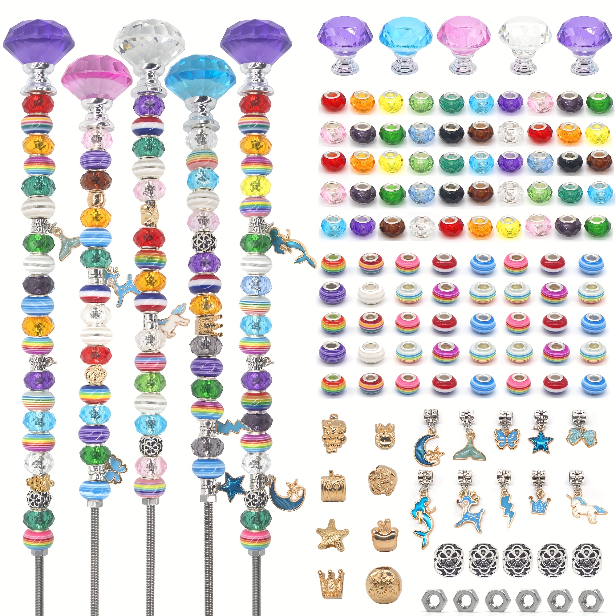 Image of 【3d】 129pcs Garden Stakes Decorative Beaded Garden Stakes With Crystal Stopper Glass Bead Silvery Bail Bead With Pendant Silvery Bead For Outdoor Decoration