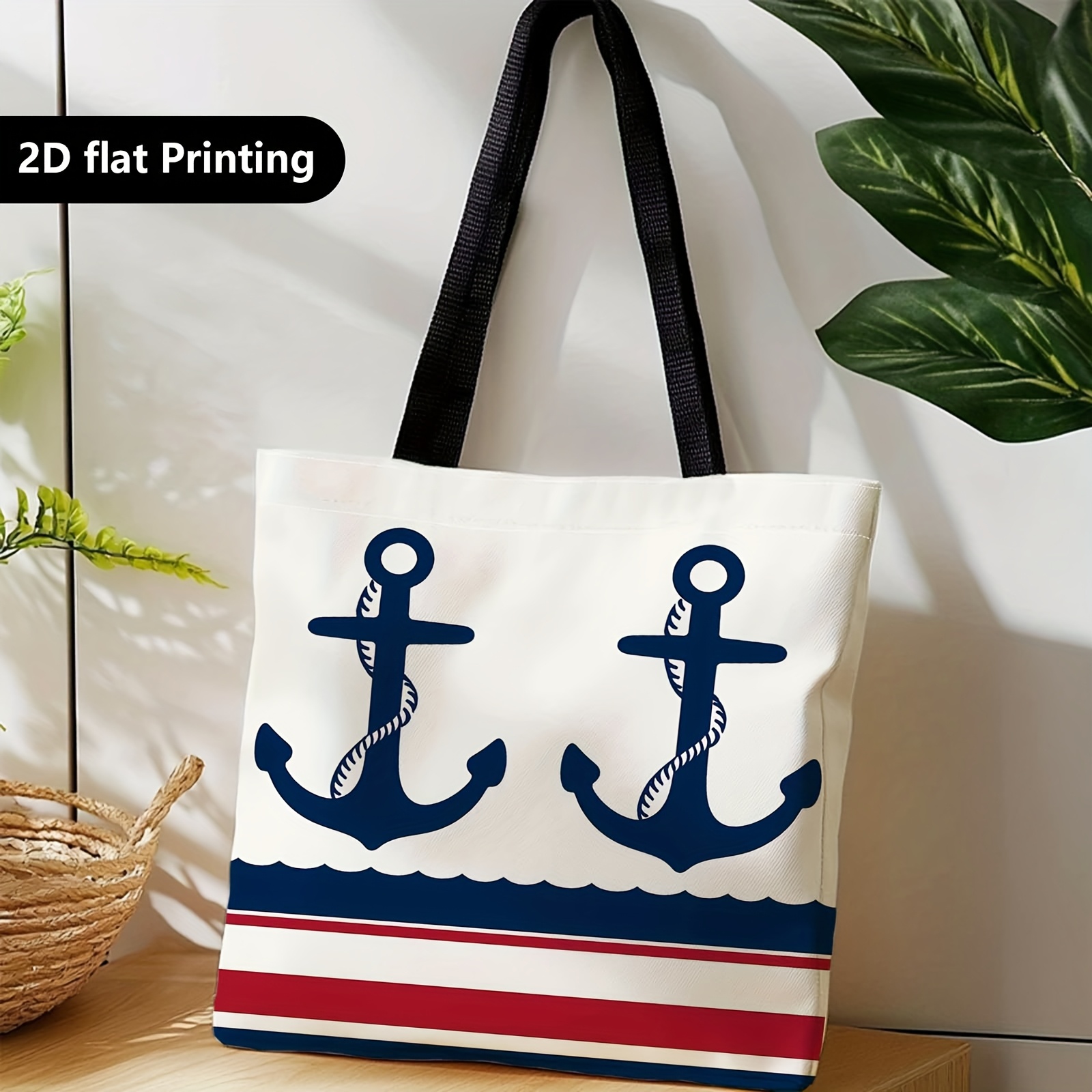 TEMU 1pc Fashion Commuter Bag, Handbag, Large Capacity, Durable Shopping Tote, Convenient Foldable Shoulder Bag, Nautical Style, Anchor, Stripes,