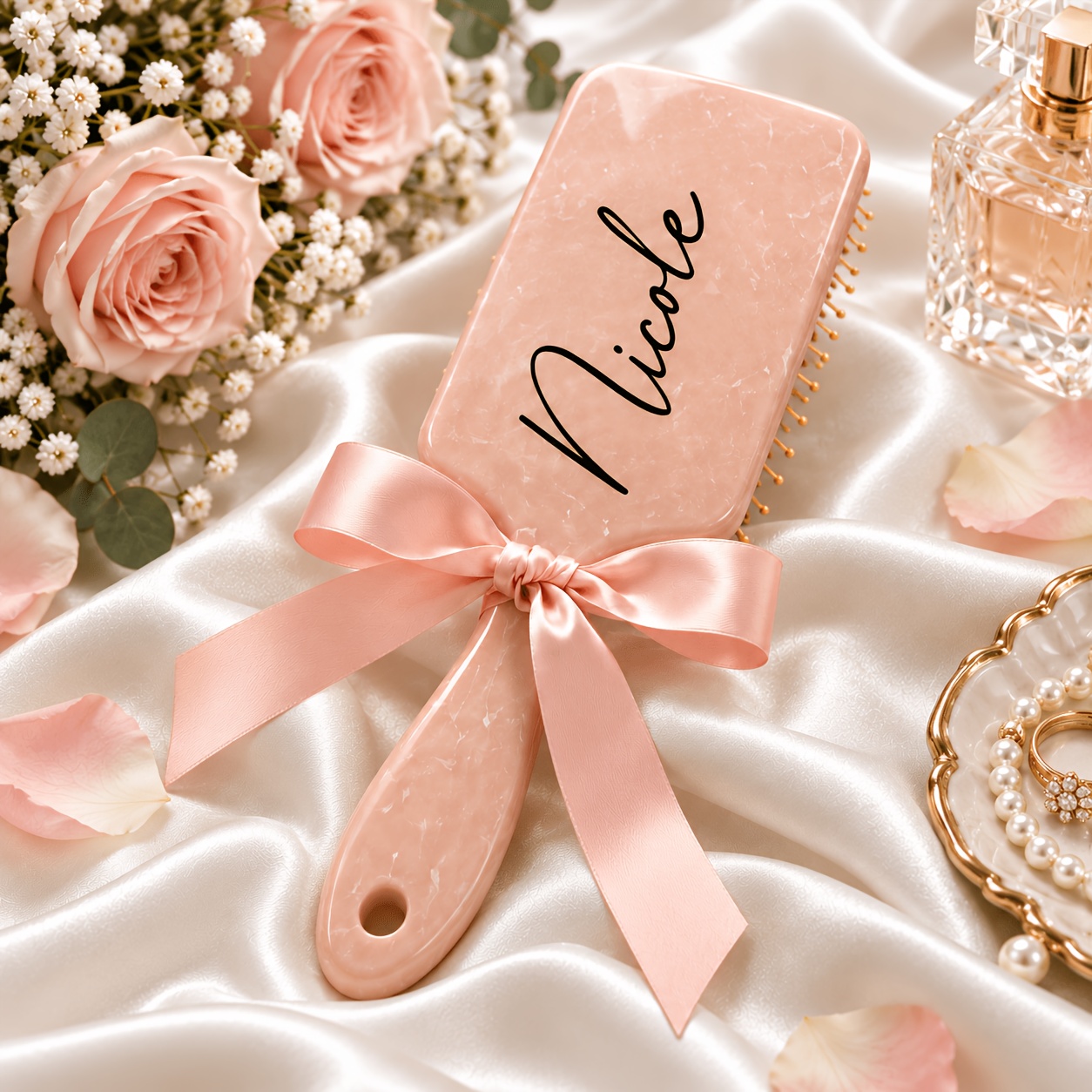 TEMU Personalized Paddle Hair Brush For Daily Styling, Custom Name Marble-look Brush With Satin Bow, Pink Gray Or Orange, Cute Gift For Women, Girls,