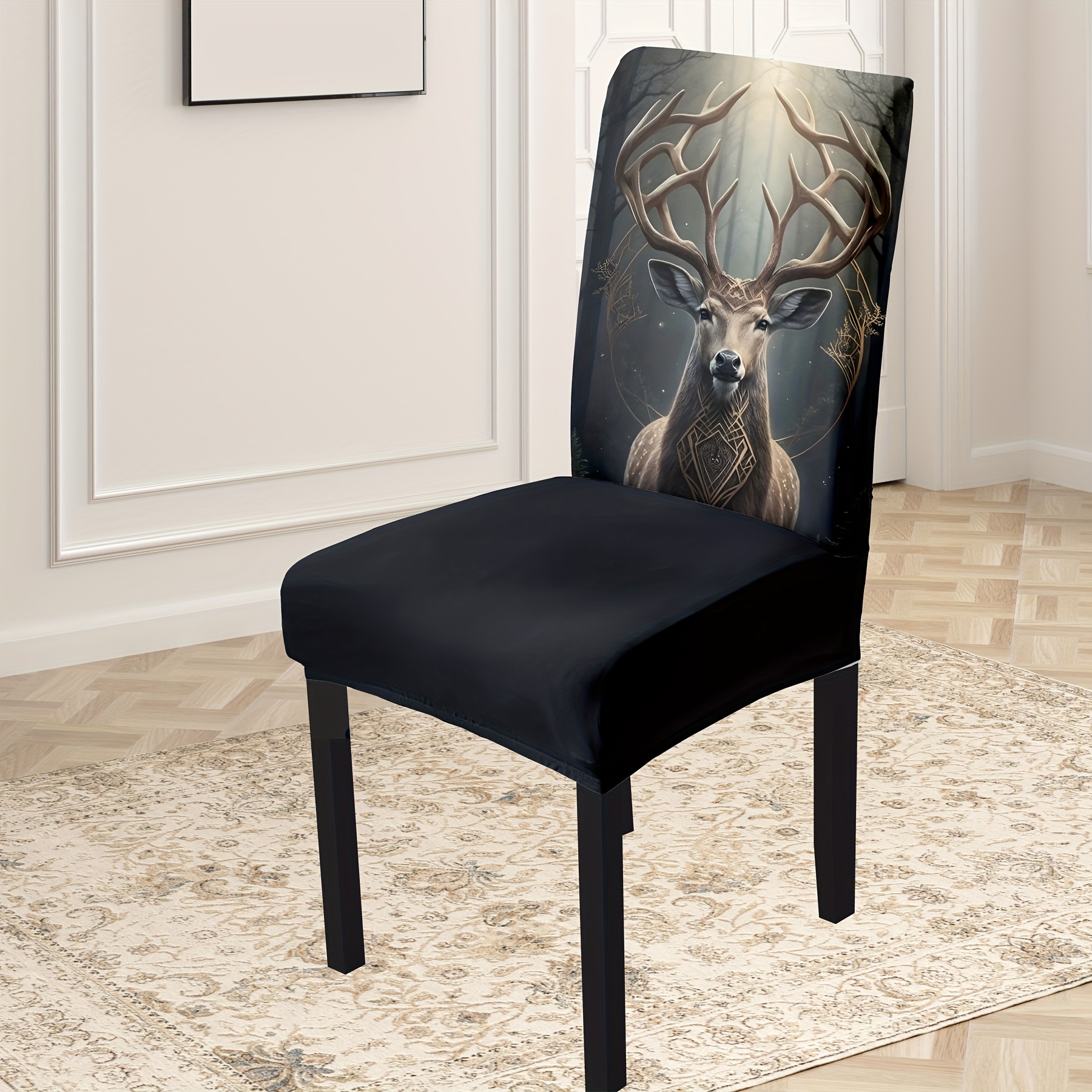 

4/6pcs Deer In Forest Print Stretch Dining Chair Slipcovers, High Elasticity And Washable, Anti-dust Artistic Decorative Chair Slipcovers For Home Decor