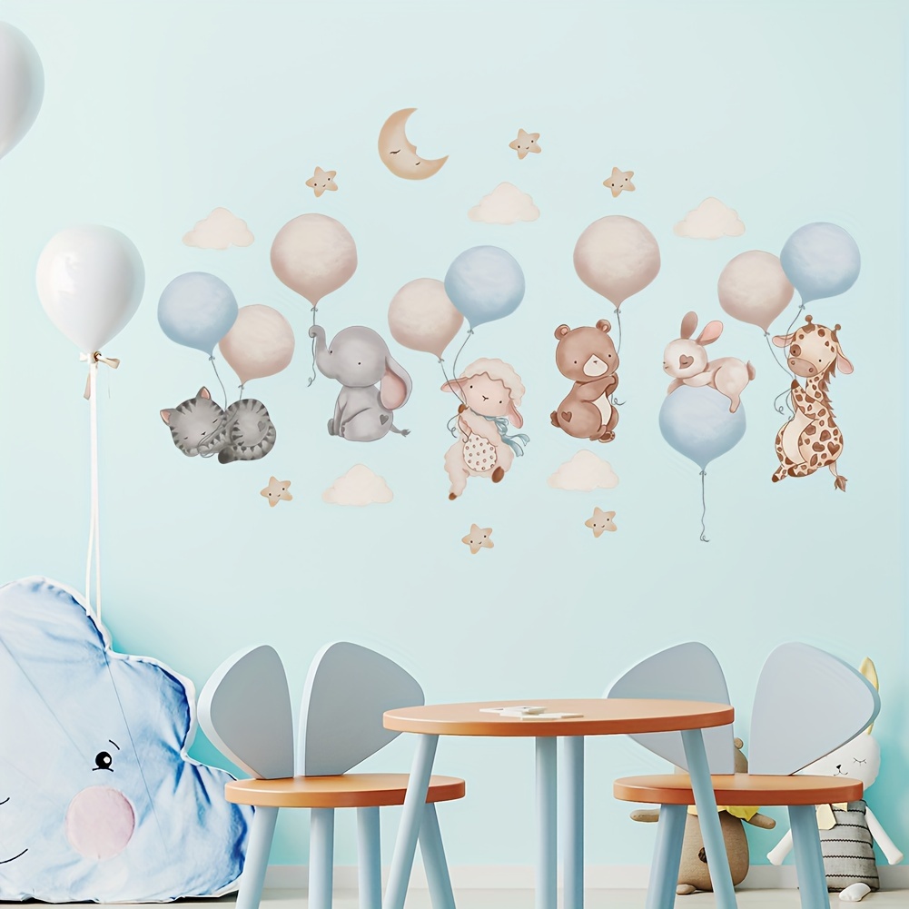 Image of Cartoon Cute Animal Balloon Wall Stickers, Rabbit Elephant Bear Children's Room Bedroom Headboard Kindergarten Decorative Wallpaper