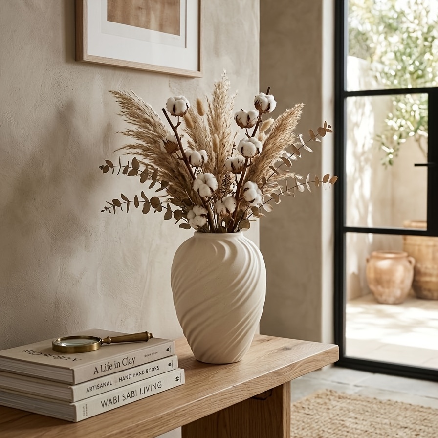 TEMU Modern Nordic Minimalist Ceramic Vase - Textured Ribbed Flower Pot With Vertical Ribbing, Suitable For Home Decor Centerpiece, Tabletop