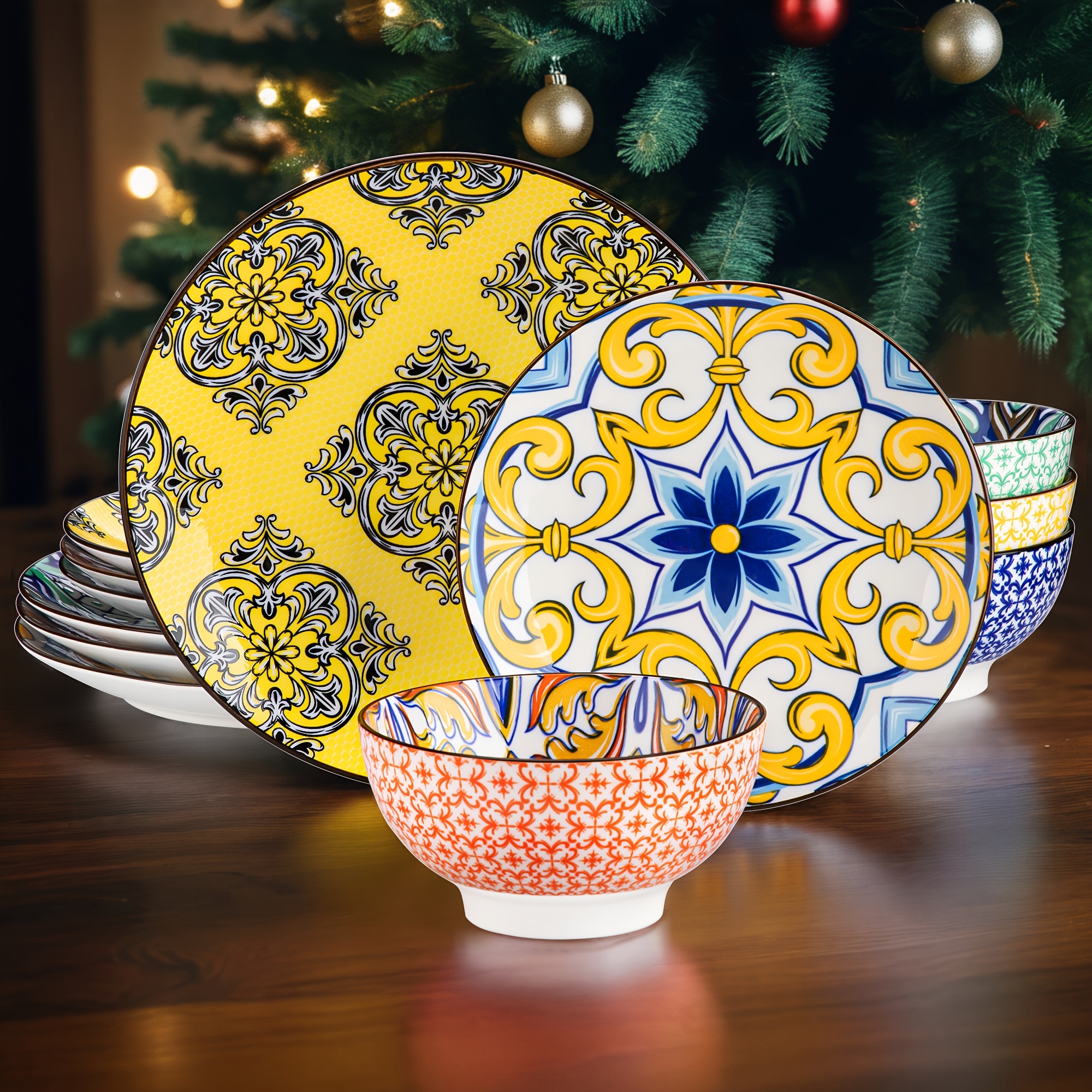 12pcs Porcelain Dinnerware Set Moroccan Crockery Patterned Dinner Set, Multicolor Plates And Bowls Set, Dinner Plate Dessert Plate Cereal Bowl, Service For 4, Dishwasher And Microwave Safe, Handmade