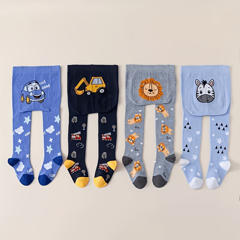 Image of 4pcs Set Of Children Boys' Warm Leggings, Fashionable Pants, Autumn Winter Thick Soft Tights, Car And Animal Pattern, Halloween / Christmas / Gift