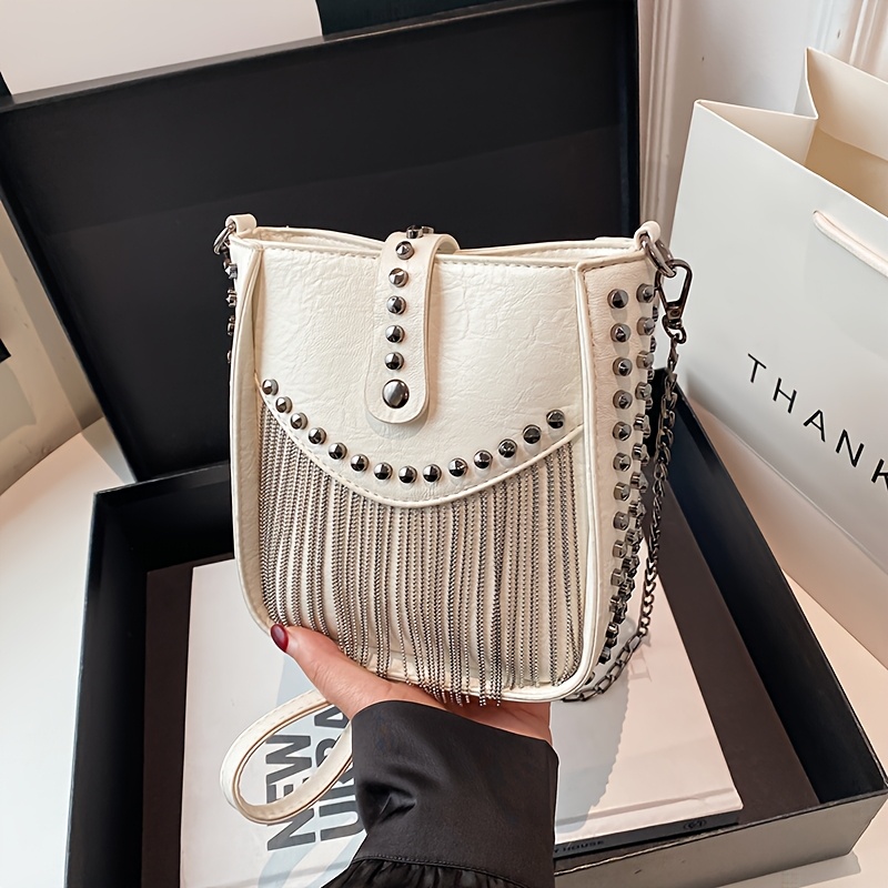 mini fringe studded decor bucket bag punk style chain - Temu mini fringe studded decor bucket bag punk style chain - Temu