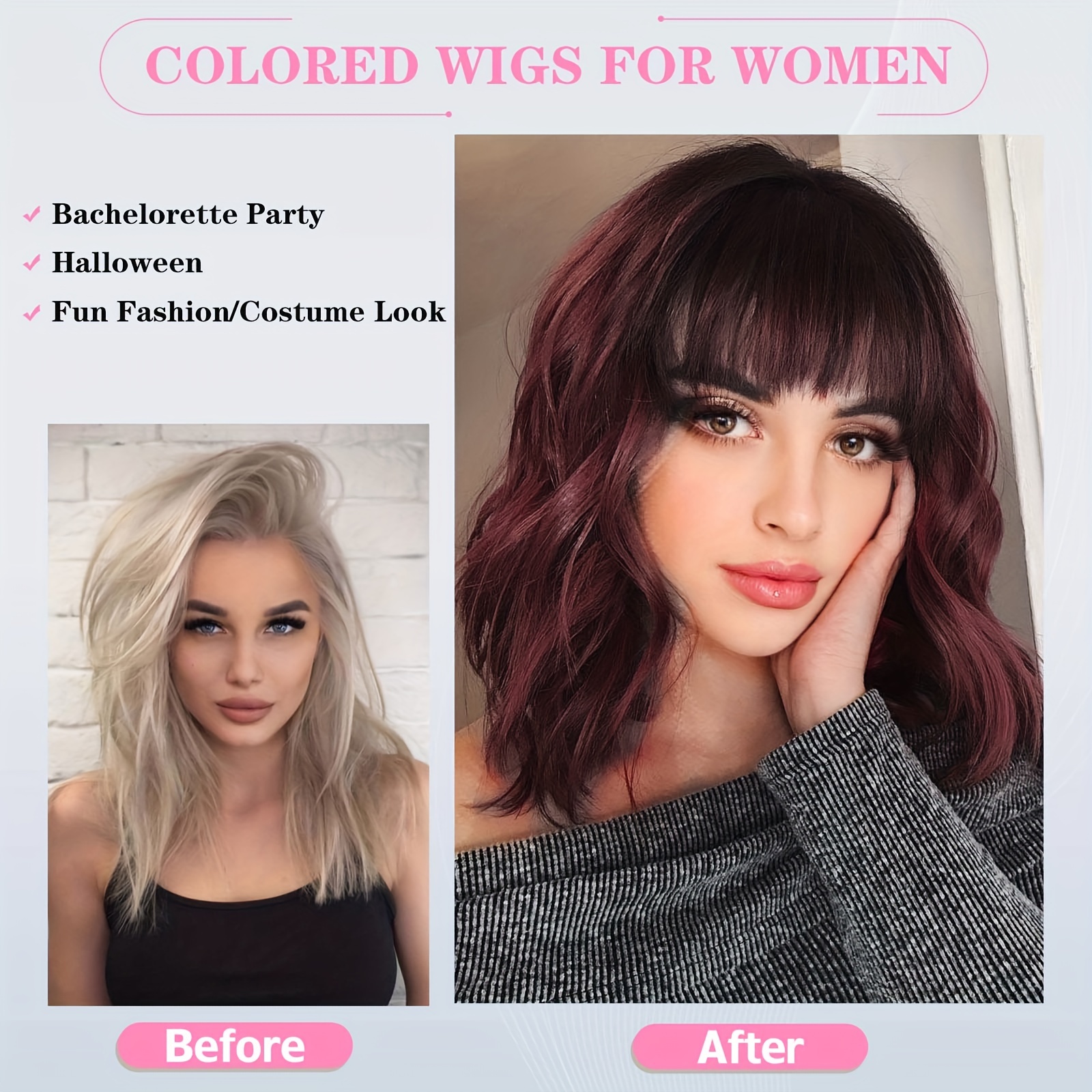 bob wig bangs 12 inch short wavy wine red color wigs women  display picture 3