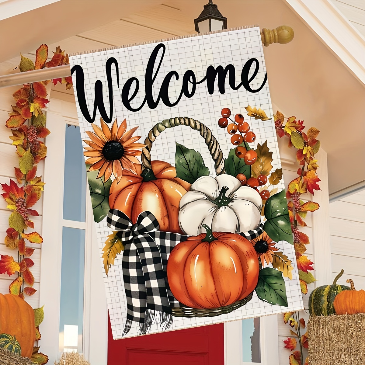 

1pc Fall Welcome Garden Flag - 28x40 Inch Polyester Seasonal Yard Banner With Sunflower Basket Pumpkin Design For Outdoor Decor, No Electricity Needed