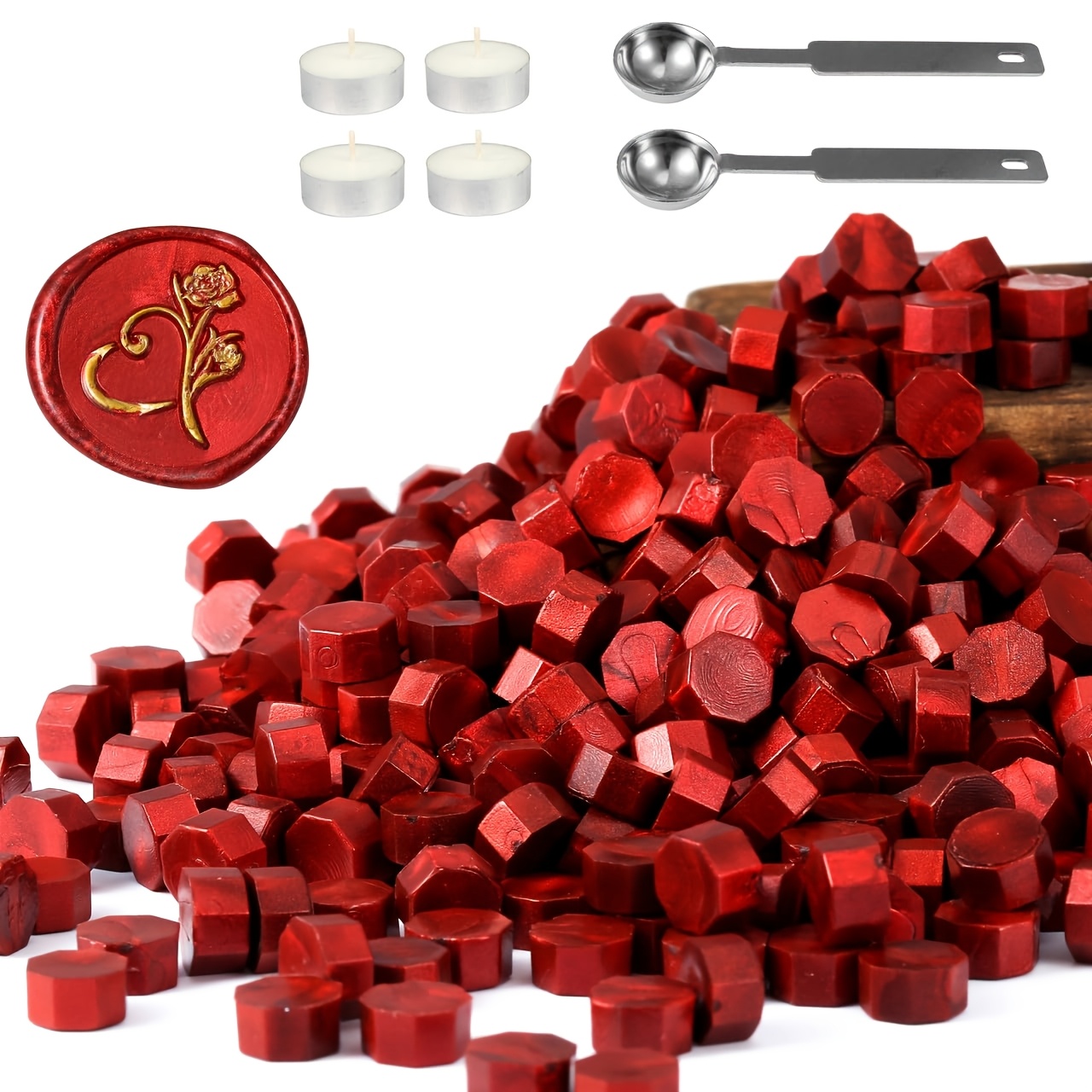 Image of 106pcs Wine Red Sealing Wax Beads Set For 100pcs Wax Seal Beads With 4pcs Candles And 2pcs Melting Spoons, For Wax Stamp, Envelope Letter, Wedding Invitation, Gift Decoration