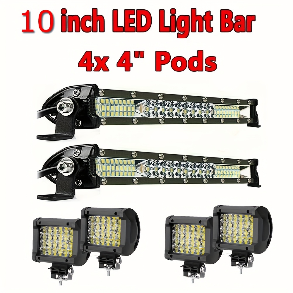 TEMU 2pcs 7/10inch Long Strip Lights+ 2/4pcs 4inch White Light High Brightness Led Work Lights Universal For Car, Truck, Pickup, Boat, Ect