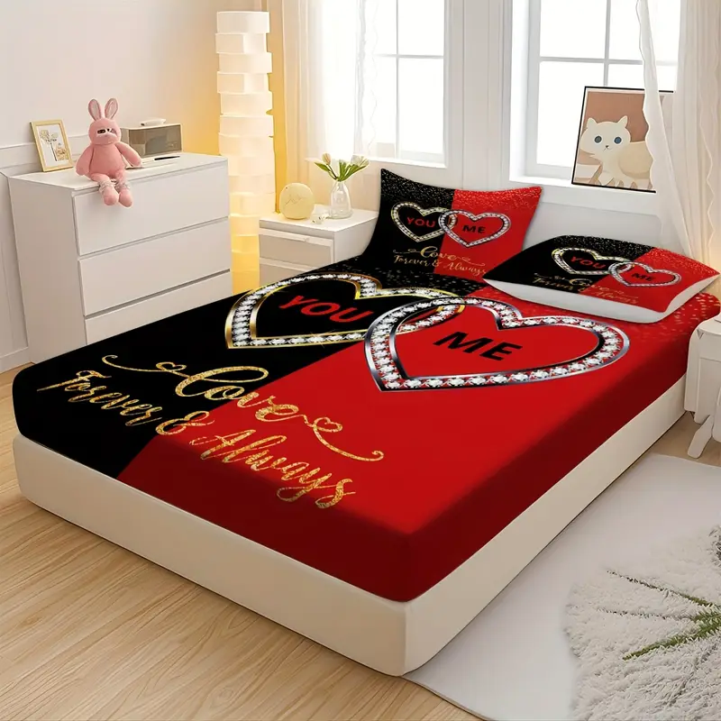 3pcs creative high definition couple heart diamond theme pattern printed bed hat set super soft comfortable and breathable bed hat bedding mattress protective cover 2 pillowcases polyester material the polyester material fabric Product details 0