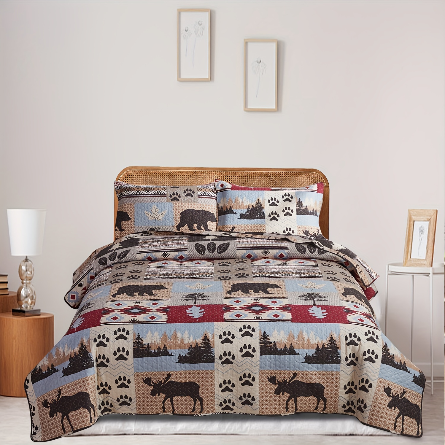 

3 Pieces Bedspread Bedding Lightweight Quilt Microfiber Reversible Coverlet Black Deer Of Winter Pine Quilt