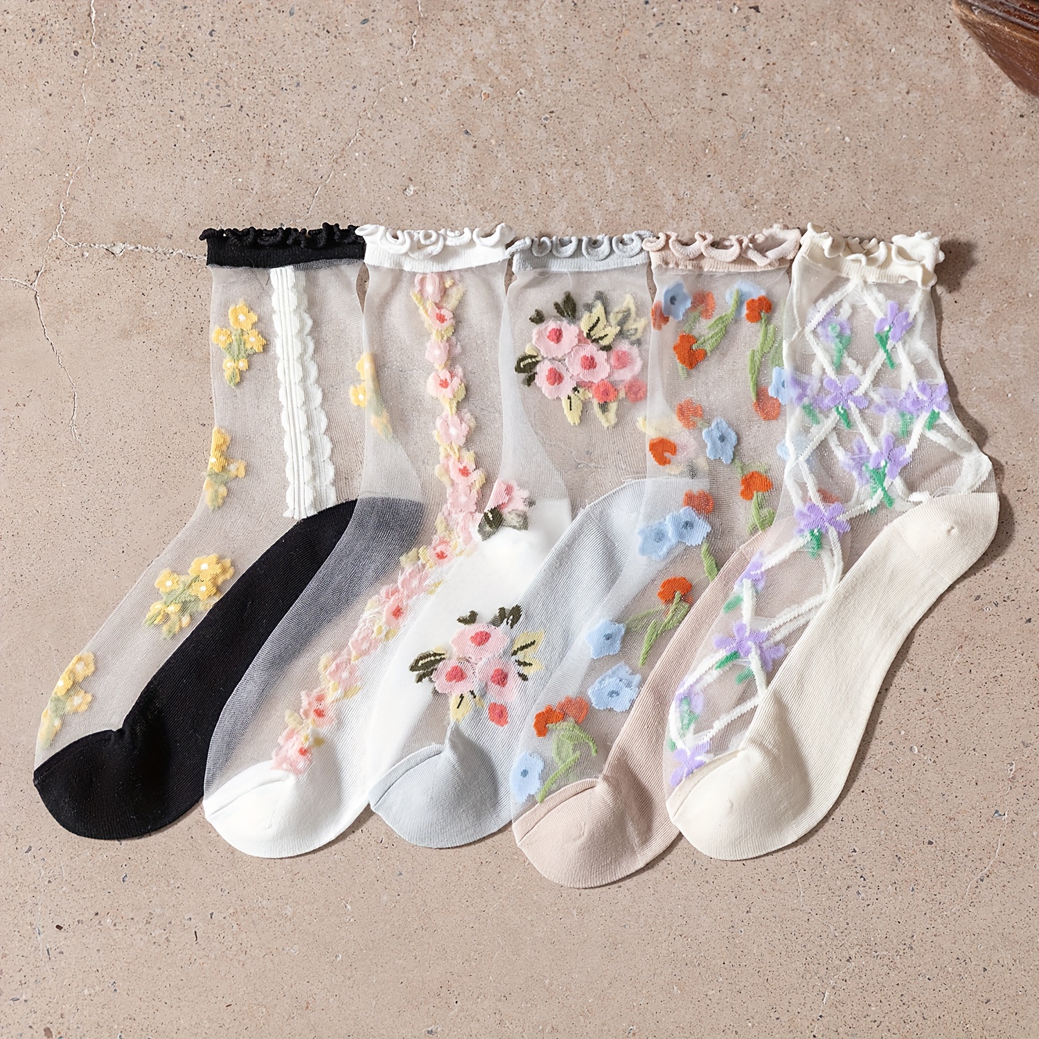 

5 Pairs Floral Embroidery Socks, Contrast Mesh Frill Trim Mid Tube Socks, Women's Stockings & Hosiery