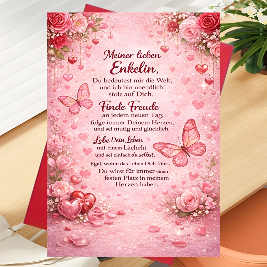 E-shop 1 Grußkarte + 1 Umschlag für Enkelin von Großmutter Großvater mit bedeutungsvoller liebevoller Botschaft Ermutigung Rosa Rosen Schmetterlinge