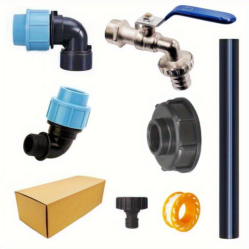 1 Set Heavy-duty Alloy Ibc Tote Adapter Kit With Pe Pipe Connectors & 3-way Valve - Eu/ Thread (npt) Flush Arm System For Water Tanks, Aquariums, Bathtubs, Barrels, Garden - Plumbing Kit