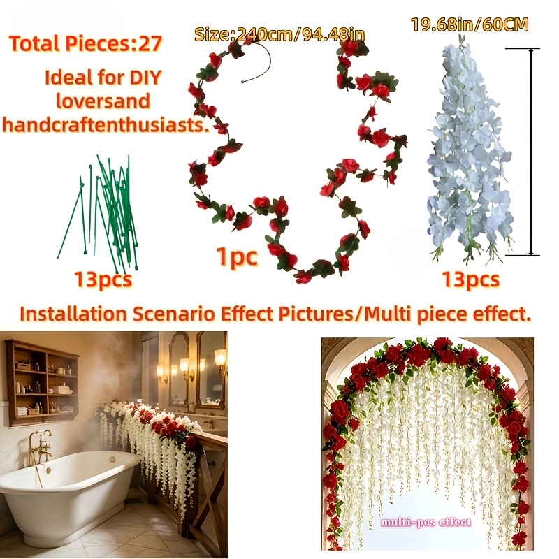 TEMU 27pcs Set: Premium Durable White Vine And Red Rose Flower Vines With Hair Ties, Long-lasting And Easy To Hang Artificial Flowers. Suitable For