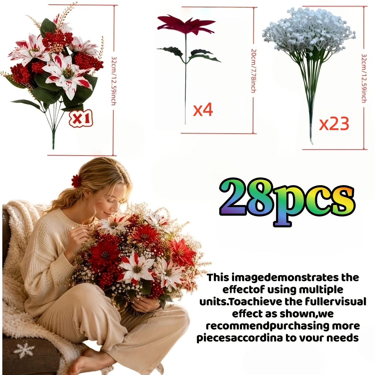 TEMU 28pcs Christmas Red And White Artificial Flower Bouquet With And - Decorative Bouquet Of Artificial Flowers, Effective Uv Protection, Suitable