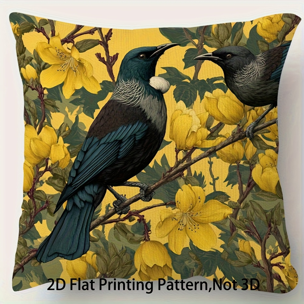 TEMU 1pc Bird & Yellow Flower Plush Pillowcase - New Zealand Themed Cushion Cover With Hidden Zipper, Soft Short Plush Fabric Suitable For Sofa Bed