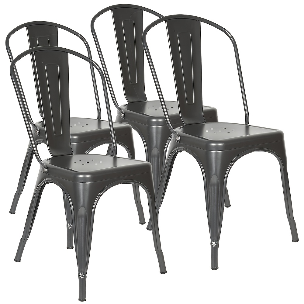Image of Set Of 4 Dining Chairs, Dining Room Chairs, Lounge Chairs, Industrial Style Steel, Stackable Living Room Chairs For Bistro, Kitchen, Bar, Dark Gray