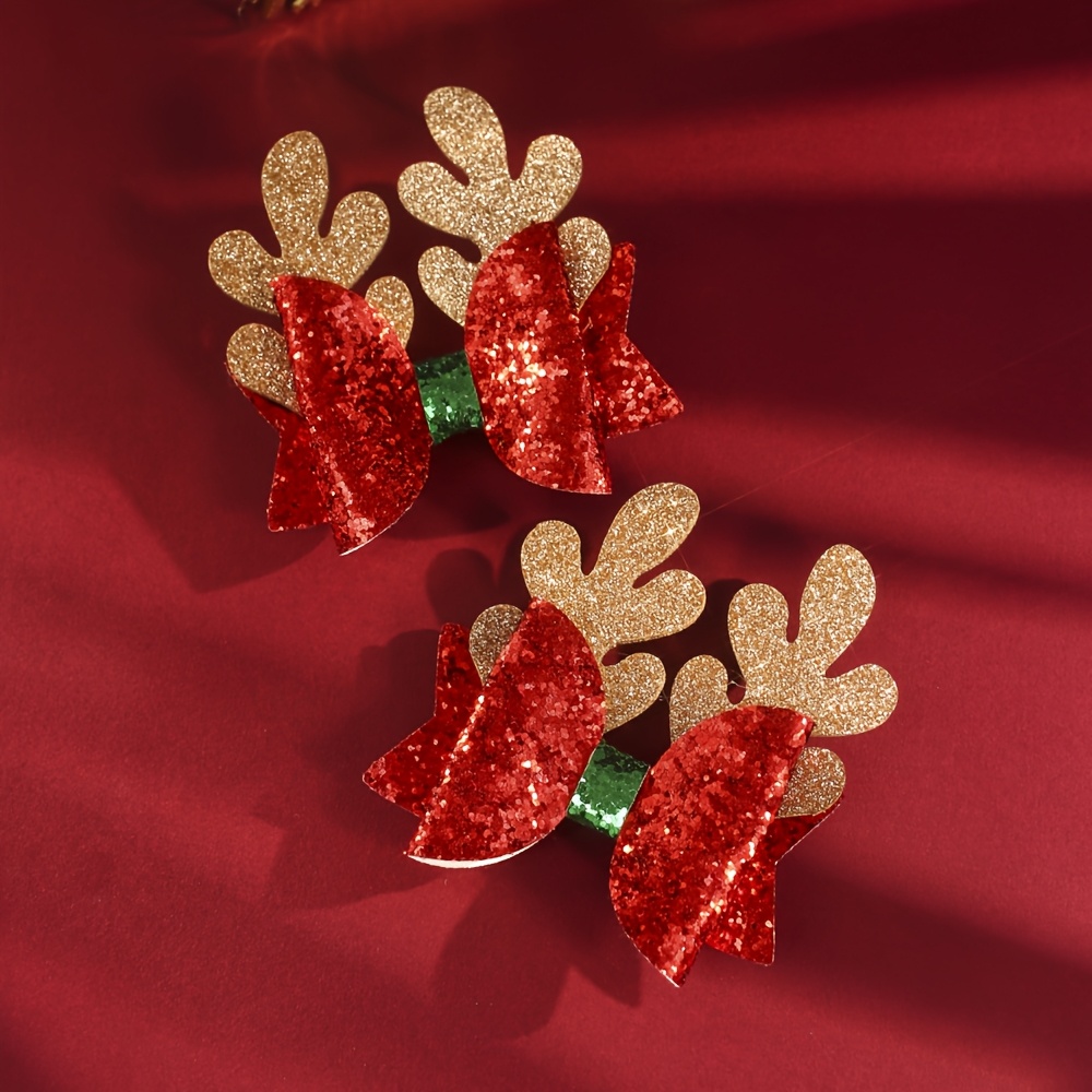 TEMU 2pcs Christmas Reindeer Antler Bow Hair Clips, Glitter Red Bow Barrettes, Xmas Sparkly Hair Pins, Festive Decorative Hair Accessories For Women,
