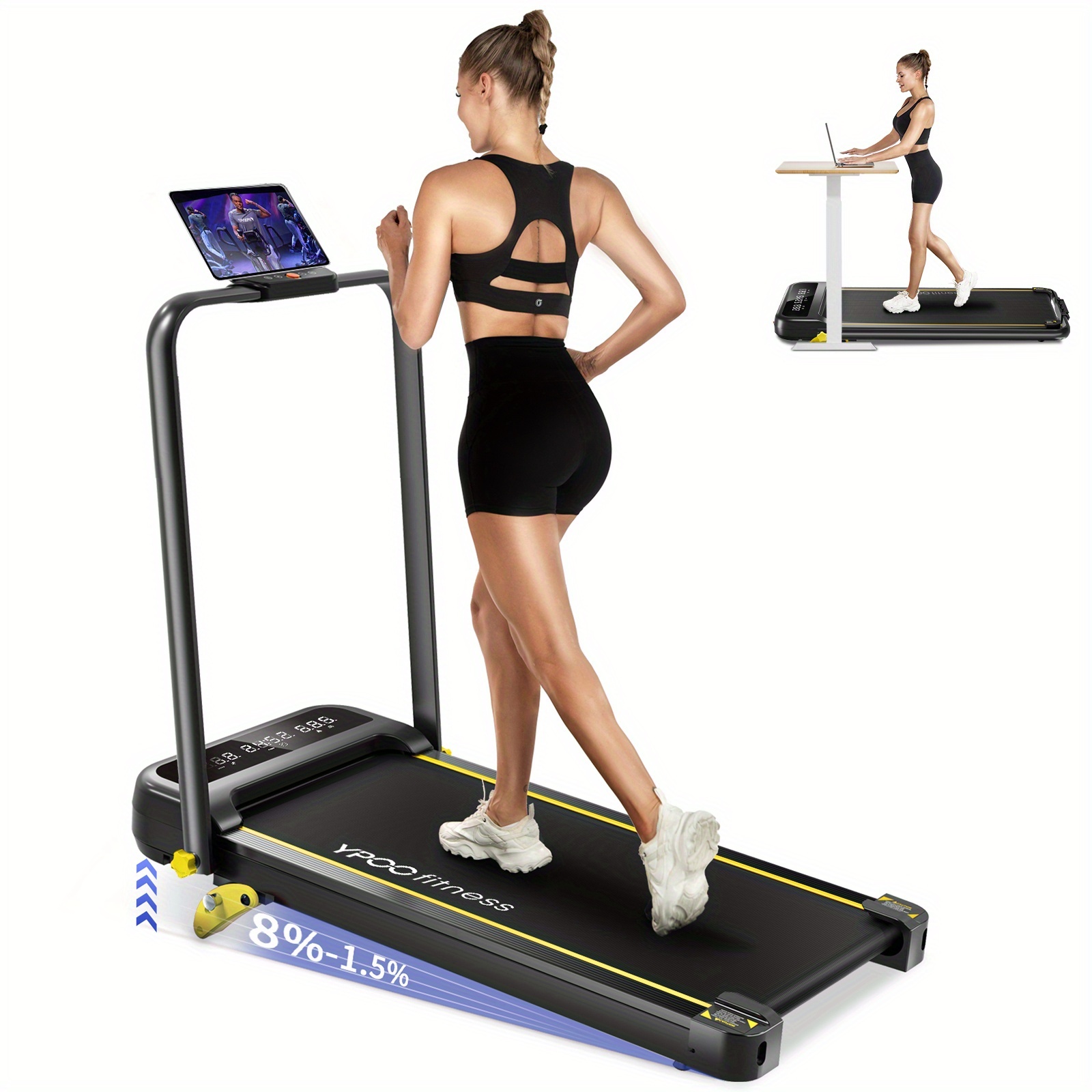 TEMU [2in 1 Treadmill For Home]foldable Treadmill With Incline, Portable Folding Treadmills For Home/office 300 Lbs Capacity, Quiet Desk Treadmill,