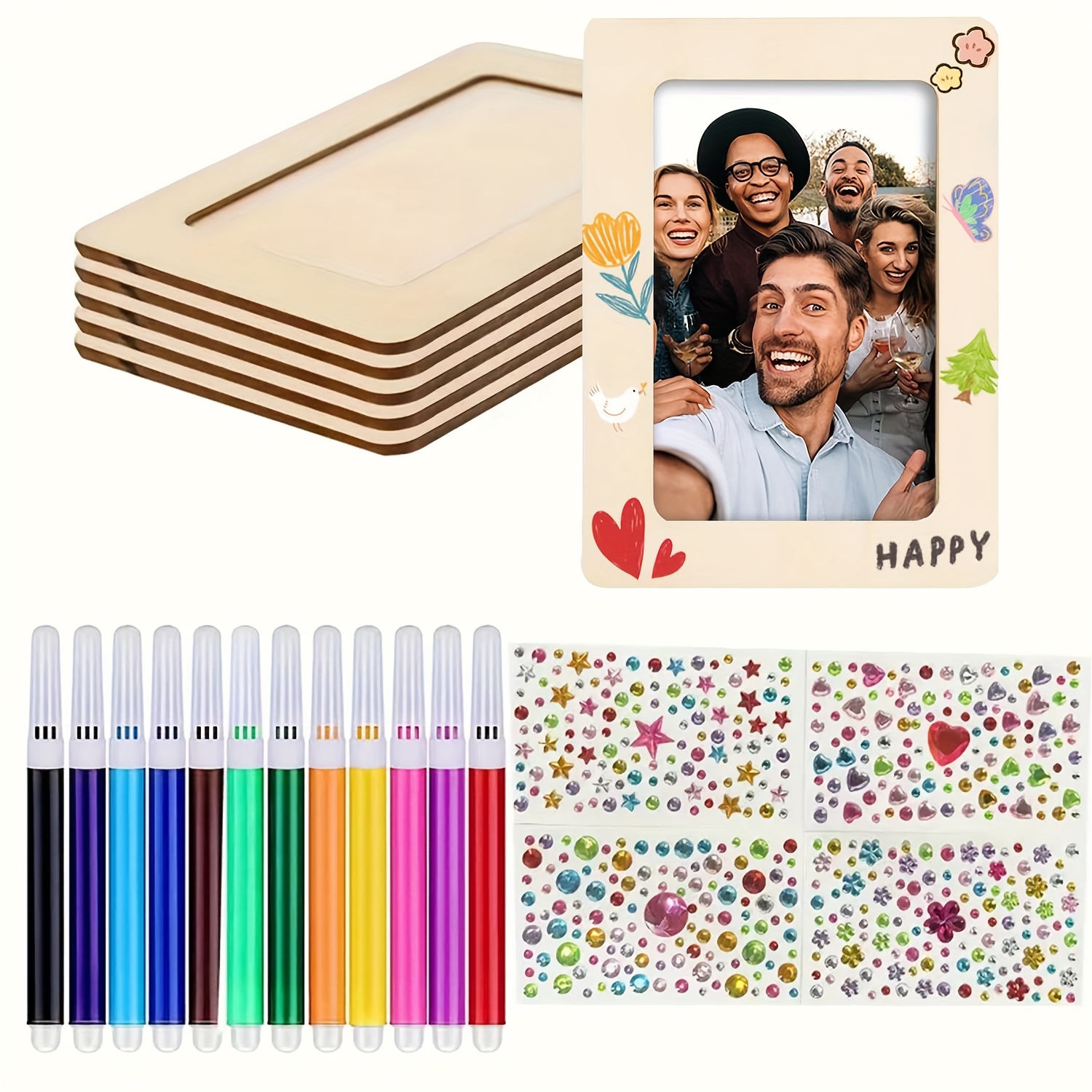 

21pcs Painting Frame Painting Handmade Set, Diy Wooden Photo Frame, 5 Frames With 12 Watercolor Pens And 4 Diamond Stickers, Christmas, New Year, Valentine's Day Gift