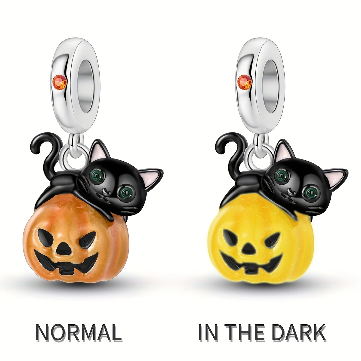 

Glow In Dark Black Cat Pumpkin Charm Pendant For Bracelet, Fashion Jewelry 925 Silver Plated Copper With Synthetic Zirconia, 1 Piece