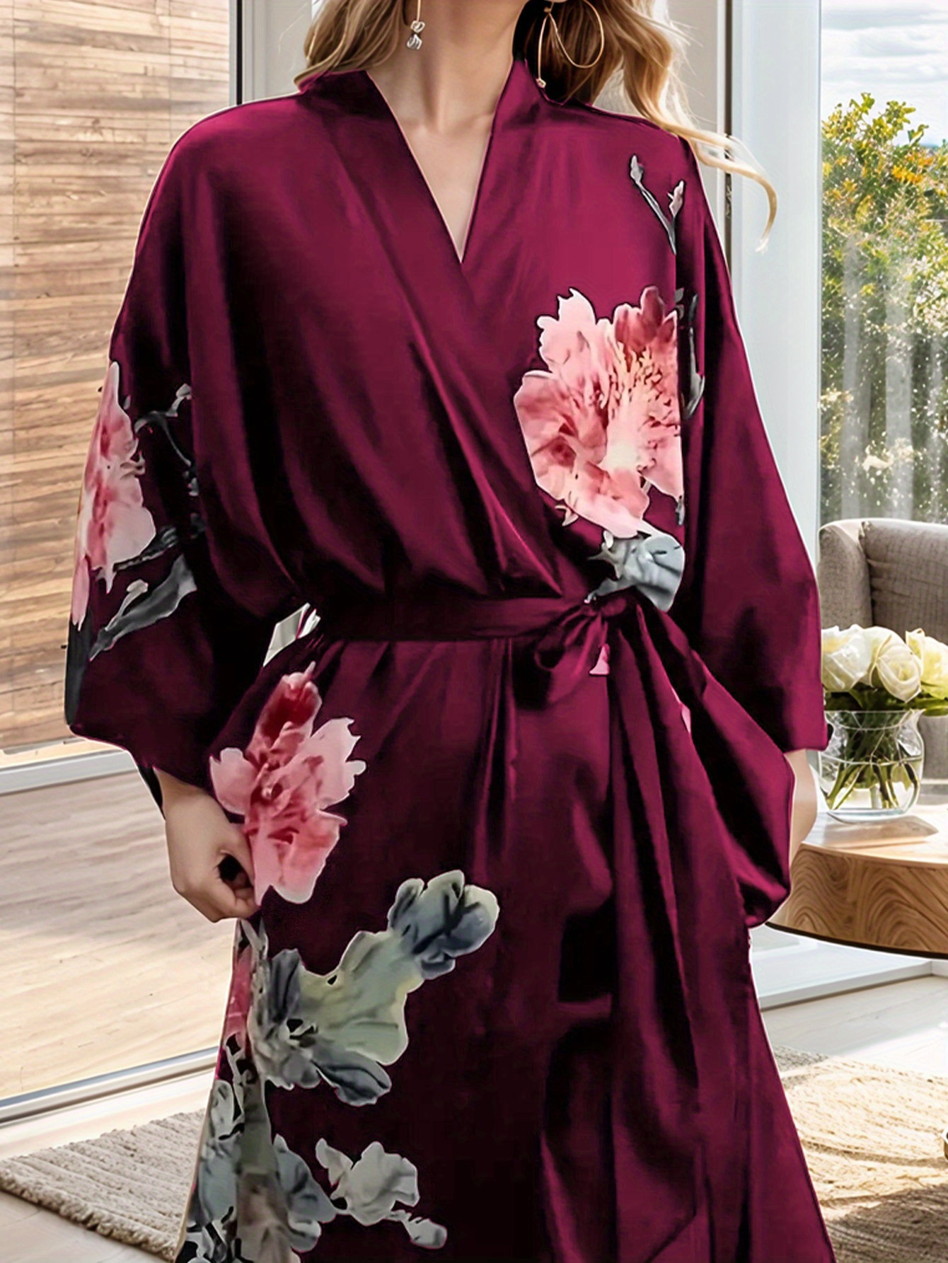 Plus Size, Women'S Plus Size Elegant Floral Print Robe Long Sleeping gown  with Burgundy Floral Pattern, Non-Stretchy wear for Women Formal