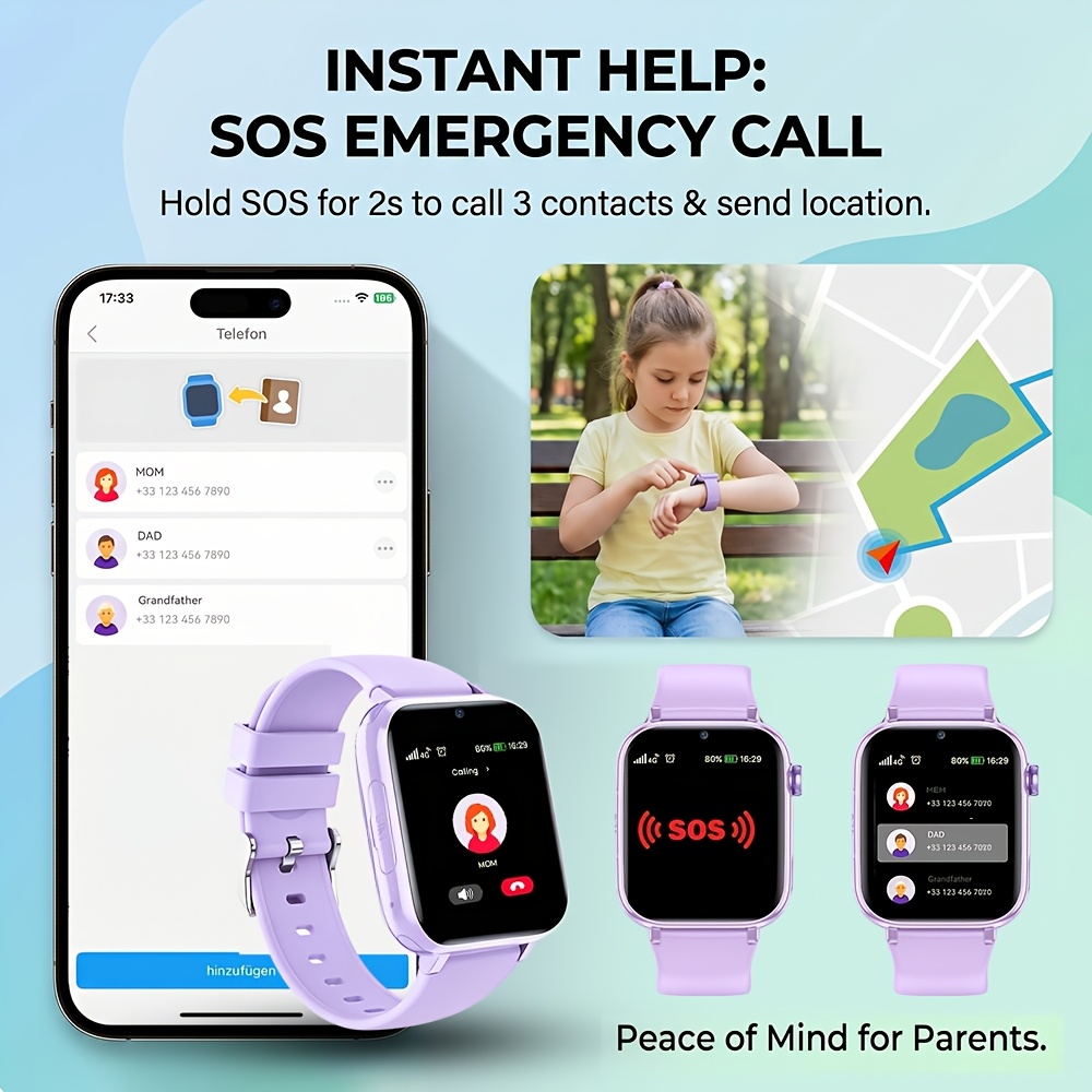 Smartwatch, 4G Telefoonhorloge voor Basisschool- en Middelbare Schoolstudenten, SIM-kaart Plug-In, Tweeweg Video Bellen, SOS Noodoproep, Stappenteller, GPS Locatie Smartwatch