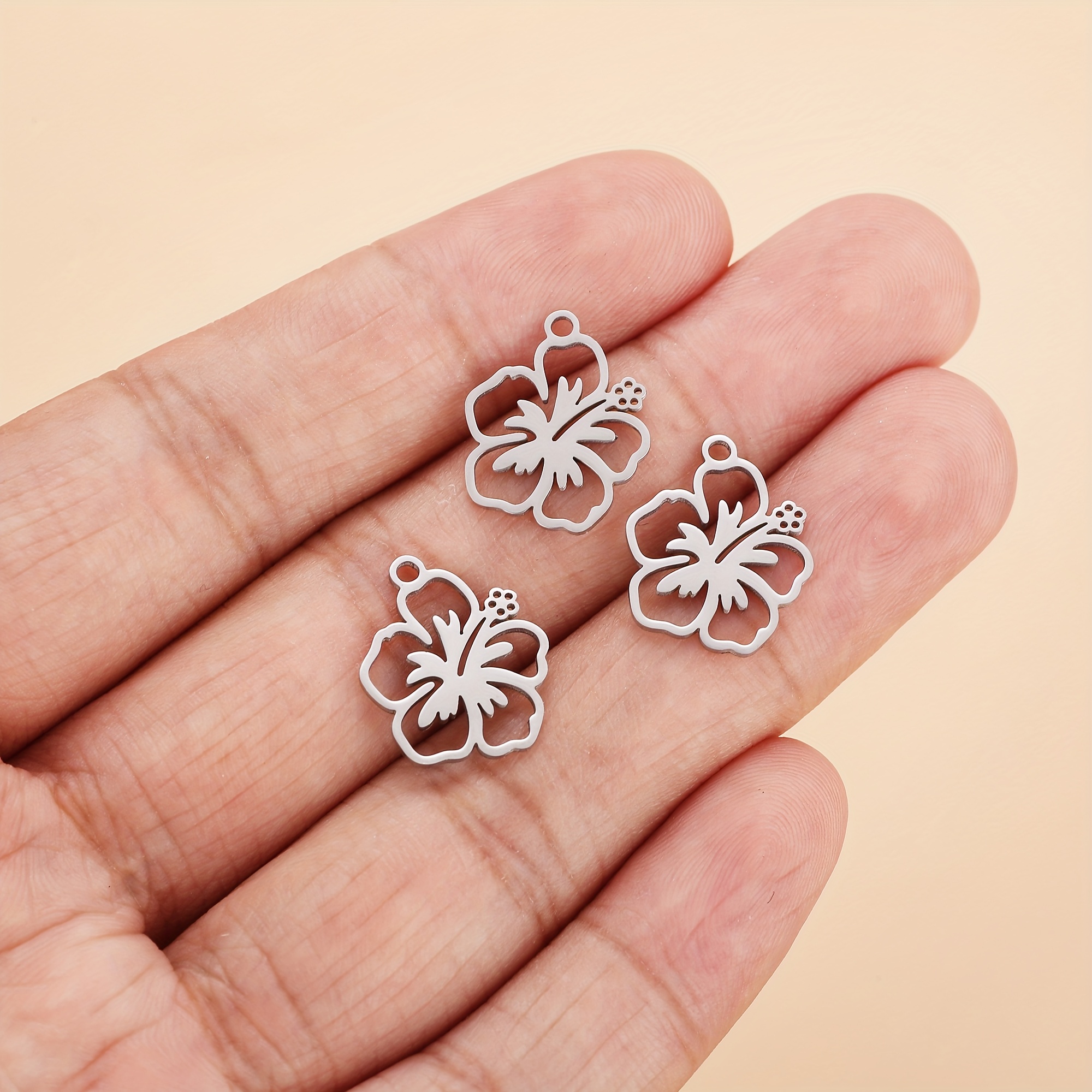TEMU Ensemble de 3 pendentifs en acier inoxydable 304 (304) avec de fleurs creuses et d'hibiscus, parfaits pour la création de bijoux que d'oreilles,