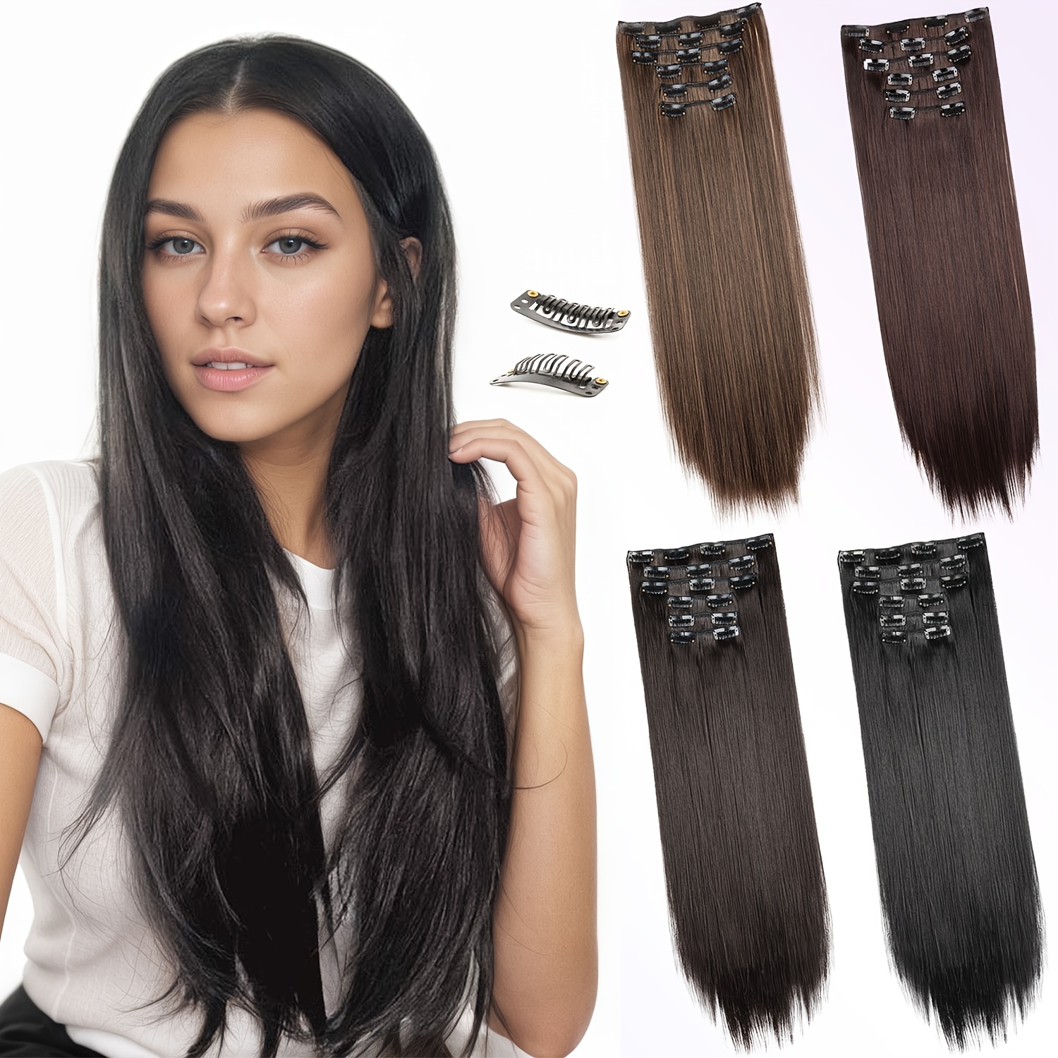6pcs brown clip in hair extensions 24 long thickened straight hair with secure clip natural look for women easy to style adds volume dimension versatile for all hair types stylish   sleek hairpiece details 0