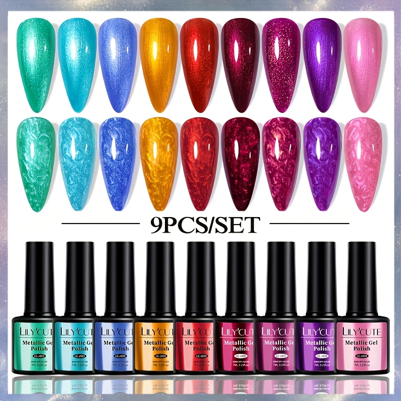 LILYCUTE 0.24 oz 9-Piece Multicolor Metallic Glitter Gel Nail Polish Kit for LED Soak-Off Nail Art