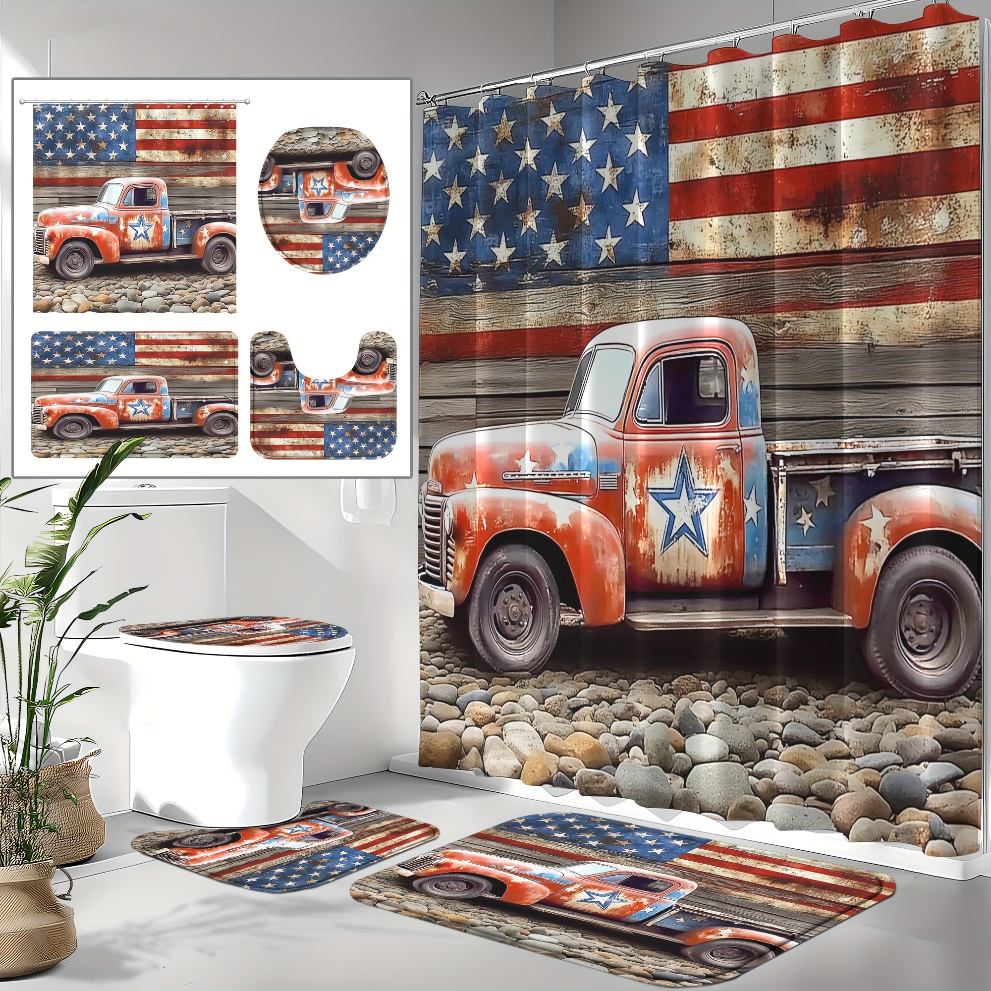 TEMU 4pcs Vintage American Flag Shower Curtain Set, Bathroom Curtain With 12 Hooks, Fabric, Machine Washable Non-slip Rugs, Toilet Lid Cover & U-shaped Mat, Patriotic Day Decor, Rustic Bathroom Set