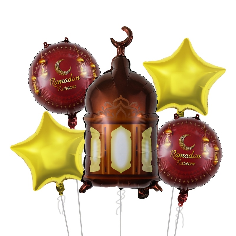 

5 Aluminum Foil Balloons Shaped Like , , Round Balls, And Five-pointed Stars, Decorating Ramadan And Eid Celebrations.