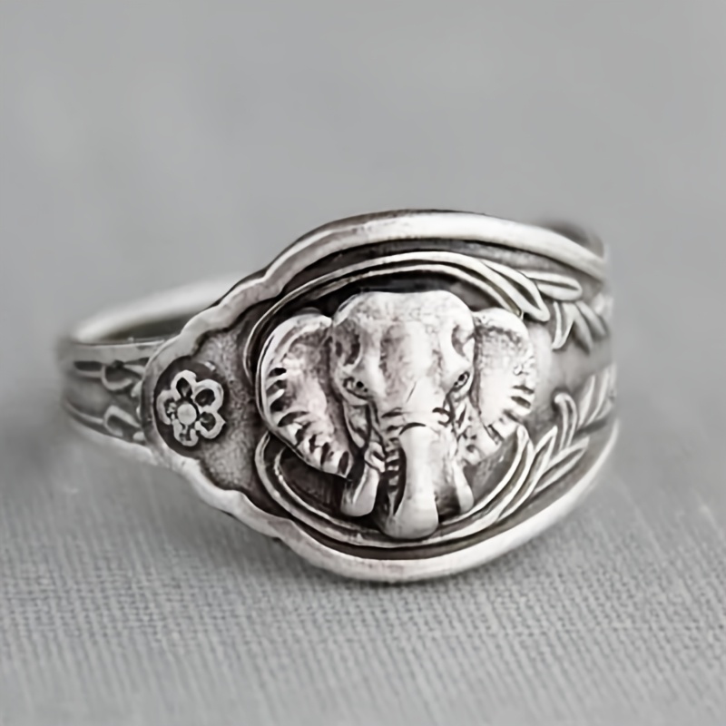 Elephant Head Carved Ring with Leaf Patterns, Totemic Charm
