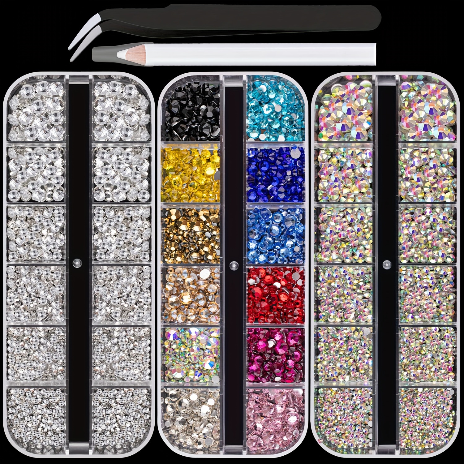 

3-pack Acrylic Nail Rhinestones Assorted Flatback Crystals With Ab Effect, Colorful Nail Art Gems, With Picker Pencil & Tweezers For Manicure Design Decor