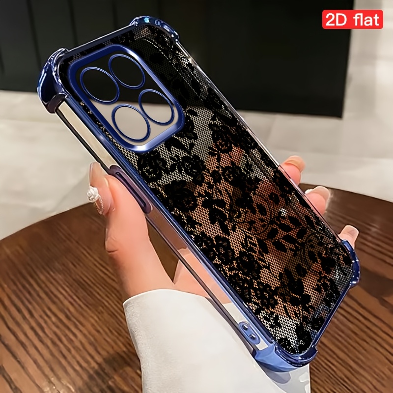 TEMU Phone Case - 2d Print Black Floral Pattern Phone Case, Transparent Shockproof Tpu Cover Suitable For Moto G60 Edge 50 G24 4g G77 Edge 50 Fusion