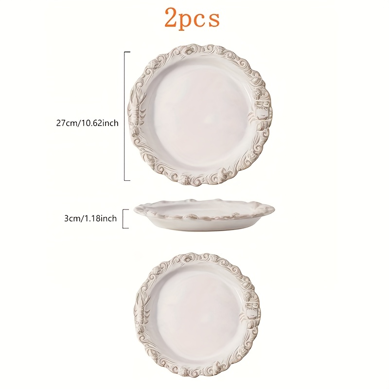 Set of 2 Vintage-Style Embossed Ceramic 10-Inch Round Plates for Steak And Pasta