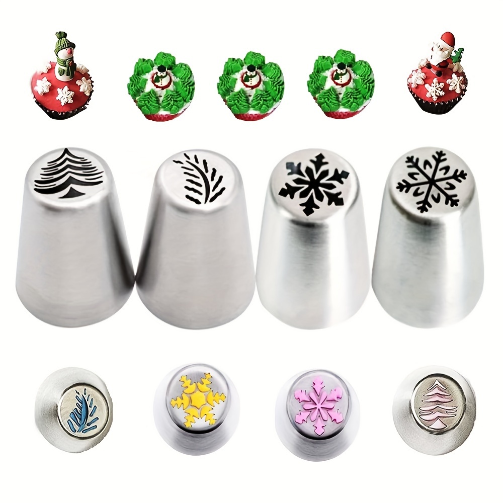 

4pcs Christmas Cake Decorating Set - Stainless Steel Piping Tips For Cupcakes & Cookies, & Tree Designs, Food-safe Frosting Nozzles For Holiday Baking, Kitchen